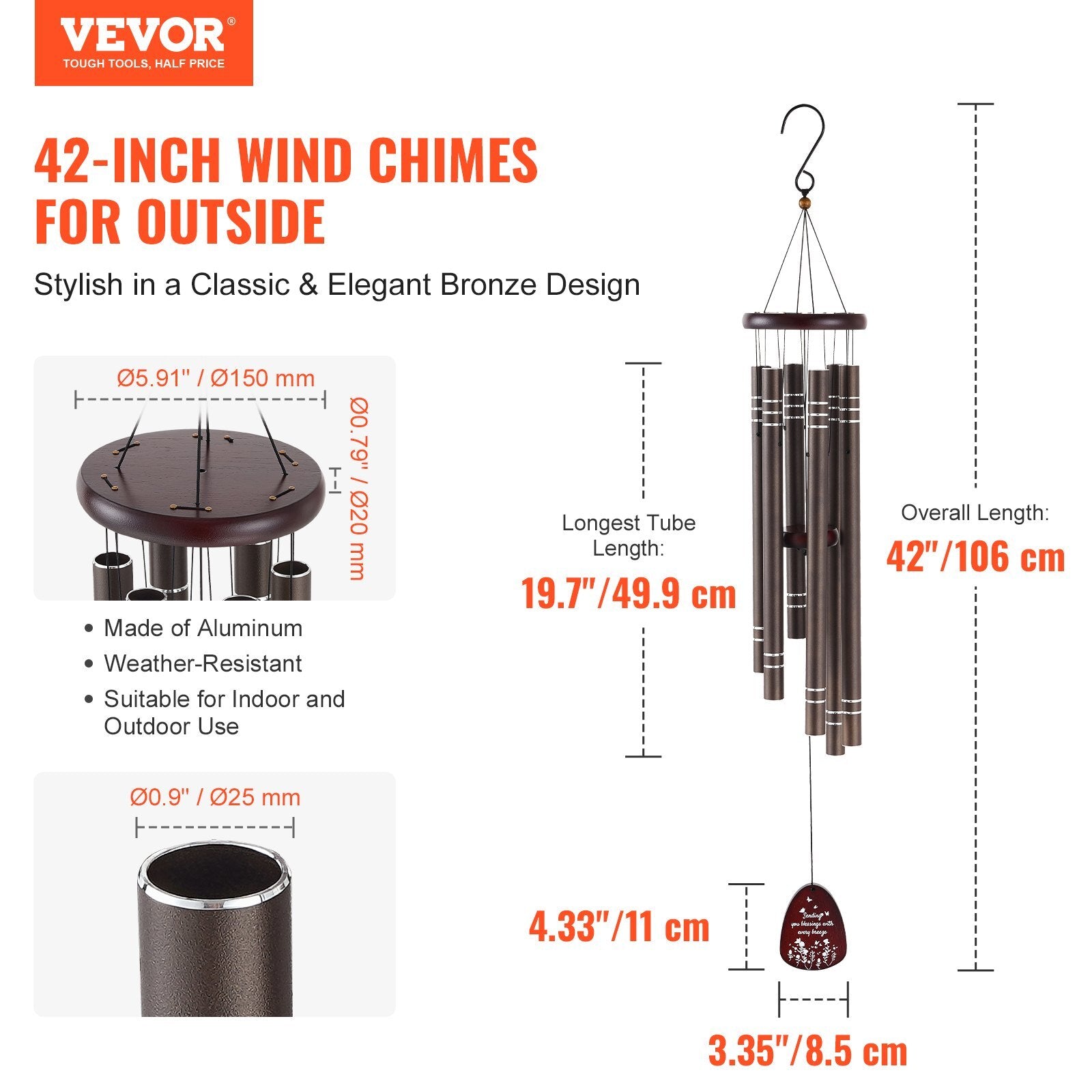 Wind Chimes for Outside, 42", Deep Tone Wind Chimes with 6 Tubes, Unique Large Memorial Wind Chimes for Anniversary, Amazing Outdoor Decor for Your Patio, Porch, Garden and Backyard, Dark Brown