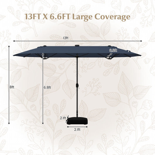 13FT Double-sided Patio Umbrella with Solar Lights for Garden Pool Backyard-Navy - Color: Navy - Size: 13 ft