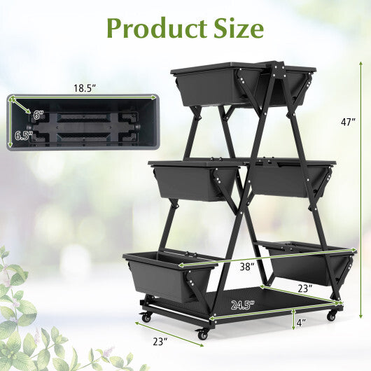 3-Tier Vertical Raised Garden Bed with 4 Wheels and 6 Container Boxes-Black - Color: Black - Size: 3-Tier