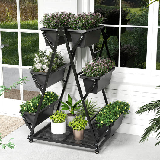 3-Tier Vertical Raised Garden Bed with 4 Wheels and 6 Container Boxes-Black - Color: Black - Size: 3-Tier