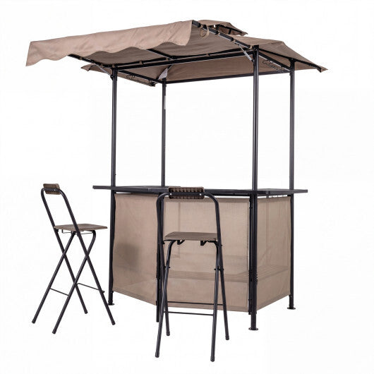 3-Piece Patio Bar Set Outdoor Grill Gazebo and 2 Folding Bar Stools-Brown - Color: Brown