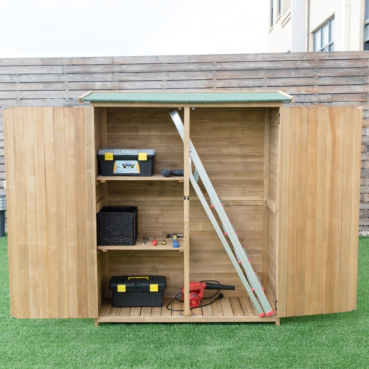 64 Inch Outdoor Wooden Storage Shed with Double Lockable Doors for Backyard - Color: Natural
