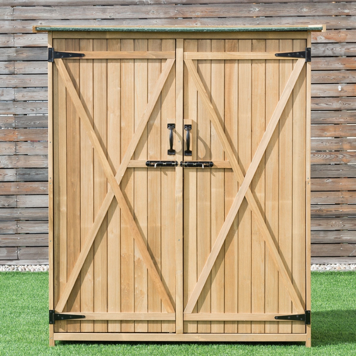 64 Inch Outdoor Wooden Storage Shed with Double Lockable Doors for Backyard - Color: Natural