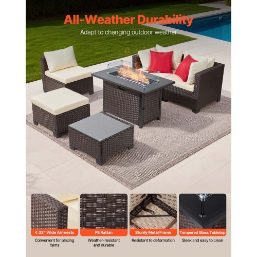 6-Piece Outdoor Patio Furniture Set, Wicker Rattan Outdoor Sectional Conversation Set with 50000BTU Propane Fire Pit Table, Cushioned Sofas, Coffee Table & Ottoman for Patio Garden Backyard