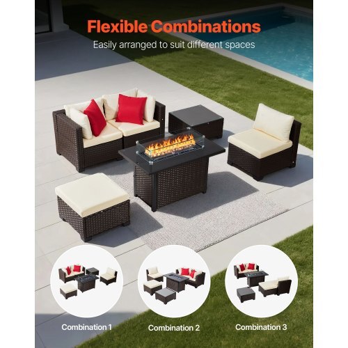 6-Piece Outdoor Patio Furniture Set, Wicker Rattan Outdoor Sectional Conversation Set with 50000BTU Propane Fire Pit Table, Cushioned Sofas, Coffee Table & Ottoman for Patio Garden Backyard