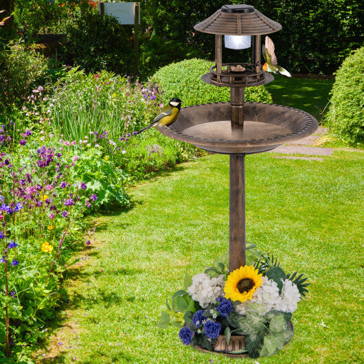 Pedestal Bird Bath with Solar Light with Bird Feeder and Flower Planter-Green