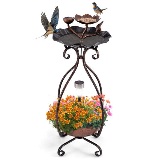 Solar Outdoor Bird Bath Feeder Combo with Flower Planter Pedestal and Solar Lights-Copper - Color: Copper
