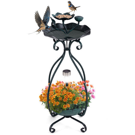 Solar Outdoor Bird Bath Feeder Combo with Flower Planter Pedestal and Solar Lights-Bronze - Color: Bronze