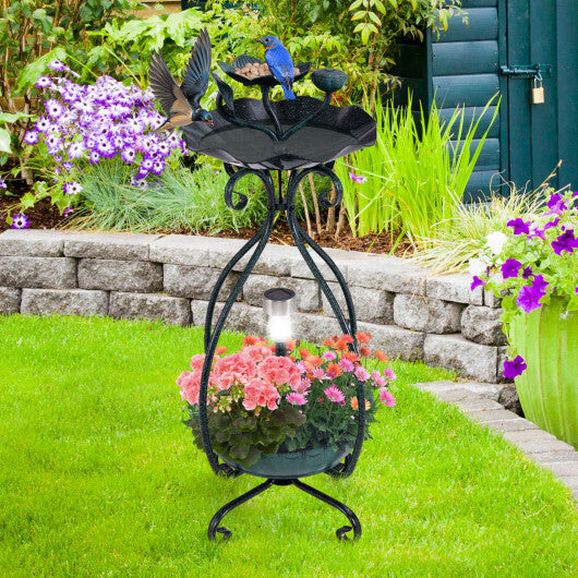 Solar Outdoor Bird Bath Feeder Combo with Flower Planter Pedestal and Solar Lights-Bronze - Color: Bronze