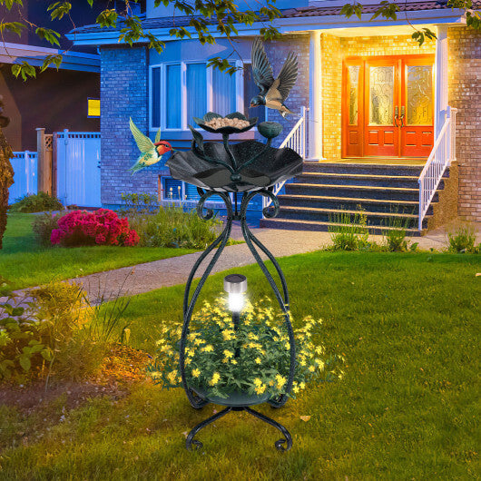 Solar Outdoor Bird Bath Feeder Combo with Flower Planter Pedestal and Solar Lights-Bronze - Color: Bronze