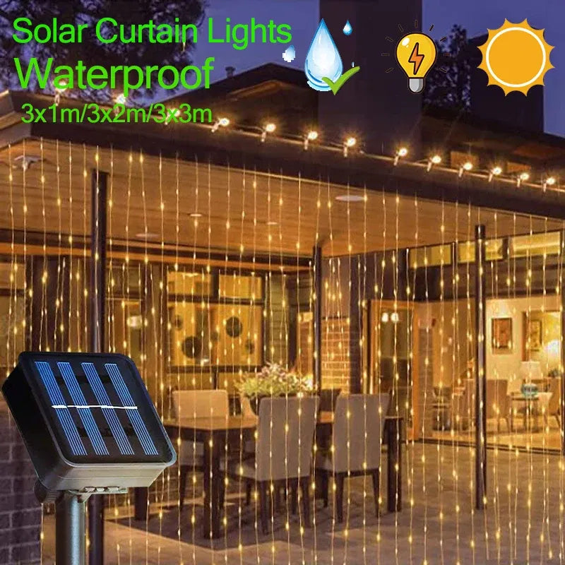 Emitting Color: WHITE, Wattage: 0-5W - 300LEDs Solar Curtain Light LED Outdoor Waterproof Garland Decoration String Lights Yard Christmas Fairy Garland String Lights