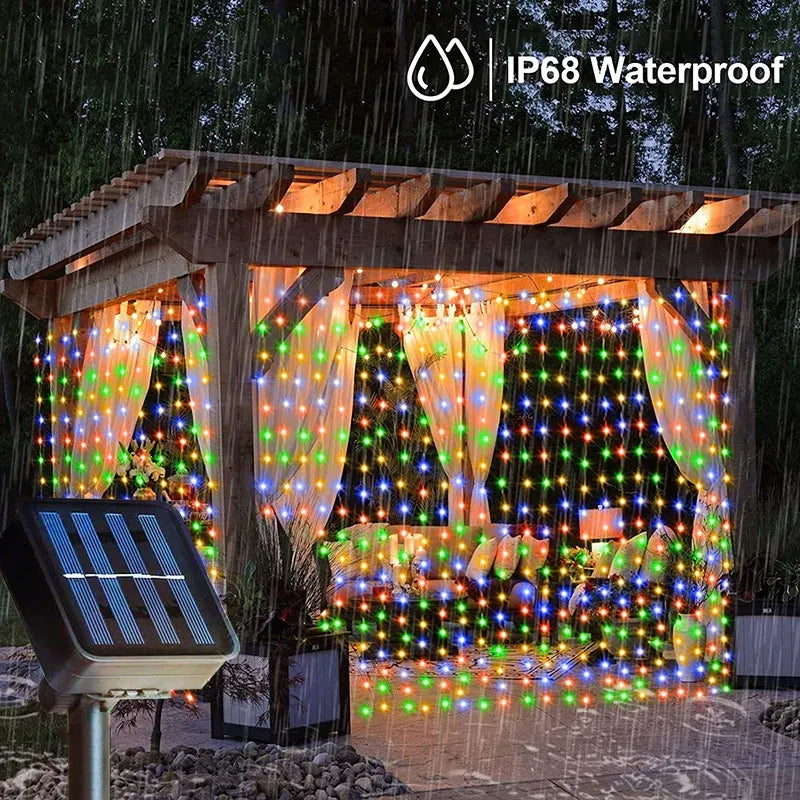 Emitting Color: WHITE, Wattage: 0-5W - 300LEDs Solar Curtain Light LED Outdoor Waterproof Garland Decoration String Lights Yard Christmas Fairy Garland String Lights