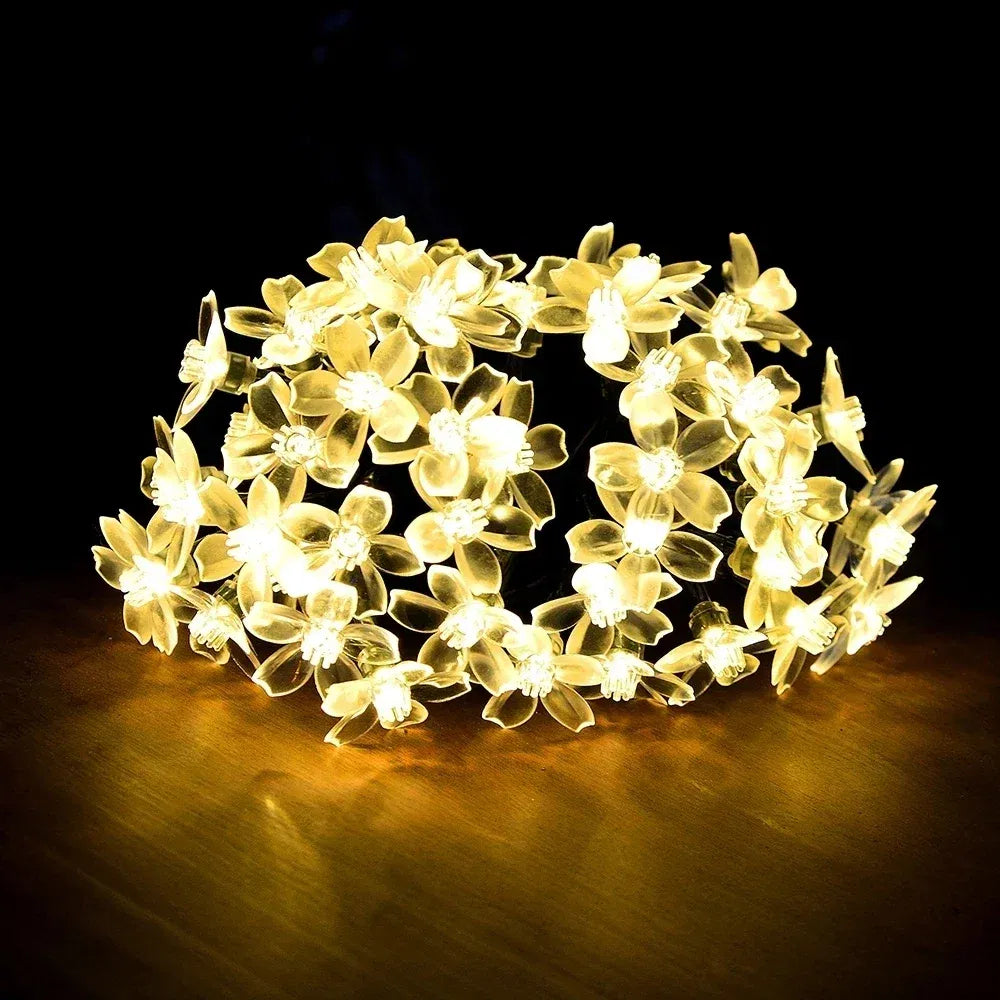 Emitting Color: sunny yellow, Wattage: 6-10W - 10M/7M Solar String Christmas Lights Outdoor 100/50/20LED 8Mode Waterproof Flower Garden Blossom Lighting Party Home Decoration