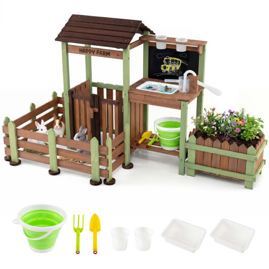 Wooden Mud Farm Playset with Planter Box Lockable Yard and Faucet for 3+ Kids