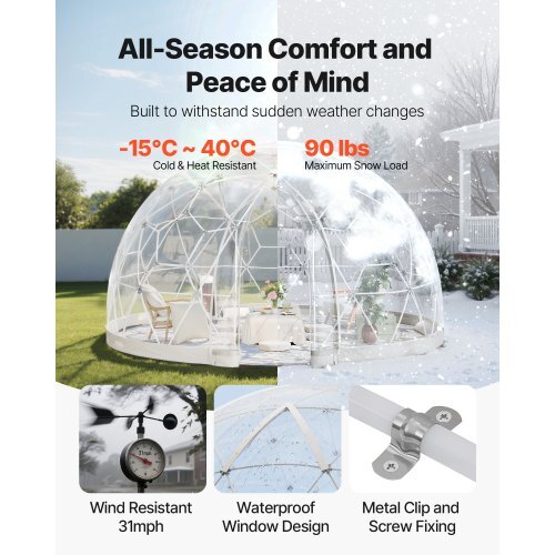 Garden Dome Igloo, 12 x 7.2 ft Outdoor Clear Bubble Tent for 4-7 Person, Weatherproof Geodesic Dome Greenhouse  with Window, PVC Igloo Tent for Backyard Patios Camping Party Wedding