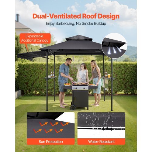 Grill Gazebo, 8 x 5 ft Double-Tiered Top, BBQ Gazebo with Extra Awning, Powder-Coated Steel Patio Grill Shelter with 2 Side Shelves, Bottle Opener & Hooks, Outdoor Grilling Canopy for Garden
