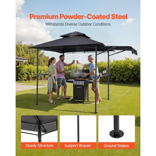 Grill Gazebo, 8 x 5 ft Double-Tiered Top, BBQ Gazebo with Extra Awning, Powder-Coated Steel Patio Grill Shelter with 2 Side Shelves, Bottle Opener & Hooks, Outdoor Grilling Canopy for Garden