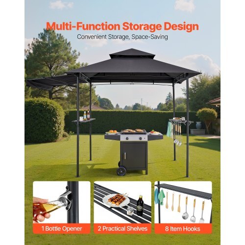 Grill Gazebo, 8 x 5 ft Double-Tiered Top, BBQ Gazebo with Extra Awning, Powder-Coated Steel Patio Grill Shelter with 2 Side Shelves, Bottle Opener & Hooks, Outdoor Grilling Canopy for Garden