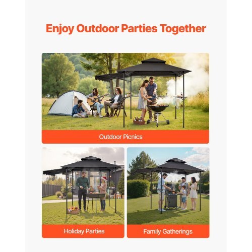 Grill Gazebo, 8 x 5 ft Double-Tiered Top, BBQ Gazebo with Extra Awning, Powder-Coated Steel Patio Grill Shelter with 2 Side Shelves, Bottle Opener & Hooks, Outdoor Grilling Canopy for Garden