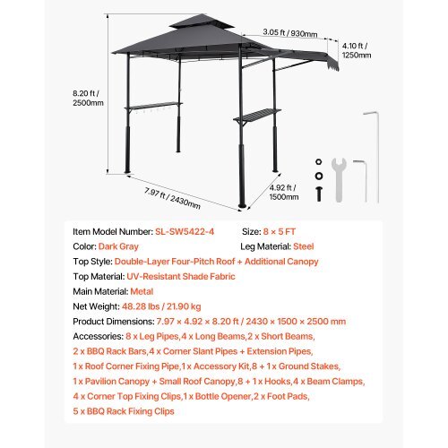 Grill Gazebo, 8 x 5 ft Double-Tiered Top, BBQ Gazebo with Extra Awning, Powder-Coated Steel Patio Grill Shelter with 2 Side Shelves, Bottle Opener & Hooks, Outdoor Grilling Canopy for Garden