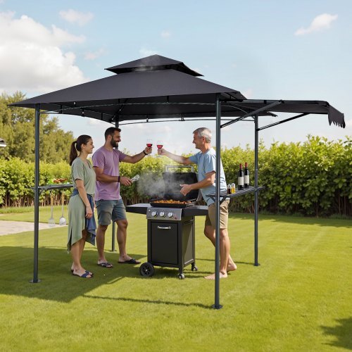 Grill Gazebo, 8 x 5 ft Double-Tiered Top, BBQ Gazebo with Extra Awning, Powder-Coated Steel Patio Grill Shelter with 2 Side Shelves, Bottle Opener & Hooks, Outdoor Grilling Canopy for Garden
