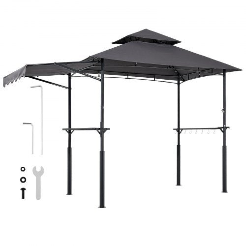 Grill Gazebo, 8 x 5 ft Double-Tiered Top, BBQ Gazebo with Extra Awning, Powder-Coated Steel Patio Grill Shelter with 2 Side Shelves, Bottle Opener & Hooks, Outdoor Grilling Canopy for Garden