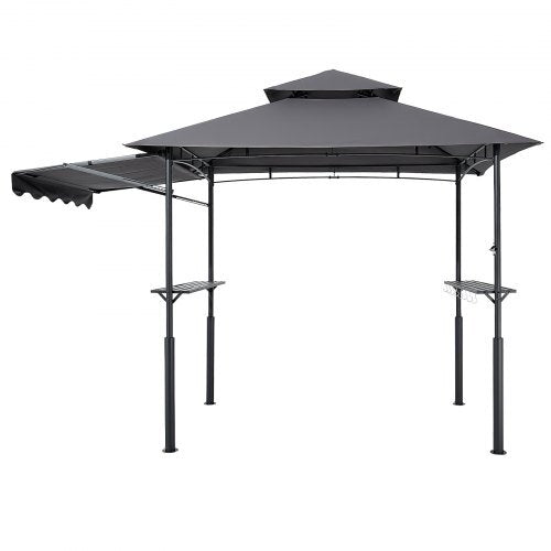 Grill Gazebo, 8 x 5 ft Double-Tiered Top, BBQ Gazebo with Extra Awning, Powder-Coated Steel Patio Grill Shelter with 2 Side Shelves, Bottle Opener & Hooks, Outdoor Grilling Canopy for Garden