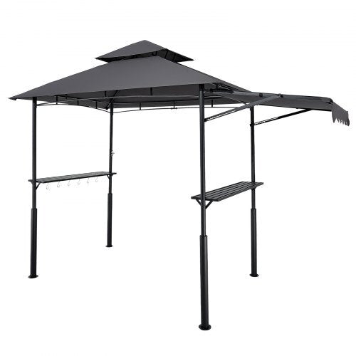 Grill Gazebo, 8 x 5 ft Double-Tiered Top, BBQ Gazebo with Extra Awning, Powder-Coated Steel Patio Grill Shelter with 2 Side Shelves, Bottle Opener & Hooks, Outdoor Grilling Canopy for Garden