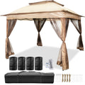 Outdoor Canopy Gazebo Tent, Portable Canopy Shelter with 11'x11' Large Shade Space for Party, Backyard, Patio Lawn and Garden, 4 Sandbags, Carrying Bag and Netting Included, Brown