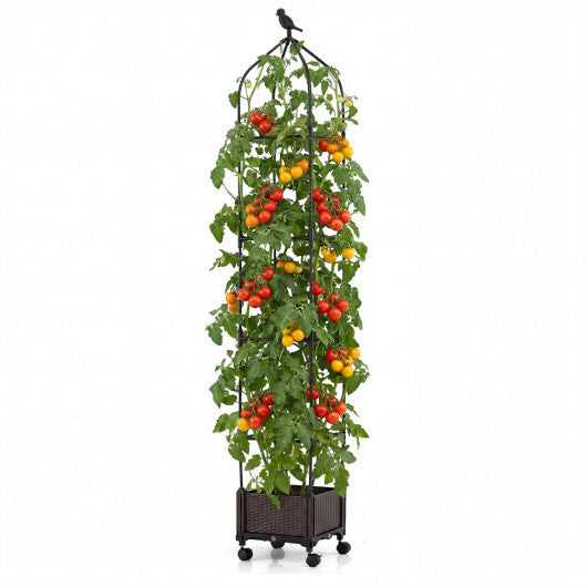 Costway 1 PCS Raised Garden Bed Tomato Cage Planter Box with PE-Coated Metal Trelli Wheels