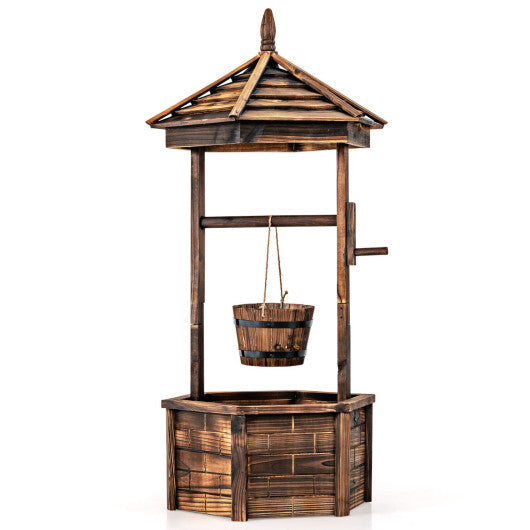 Costway Wooden Wishing Well Hexagonal Bucket Flower Plants Planter Patio Garden Decor